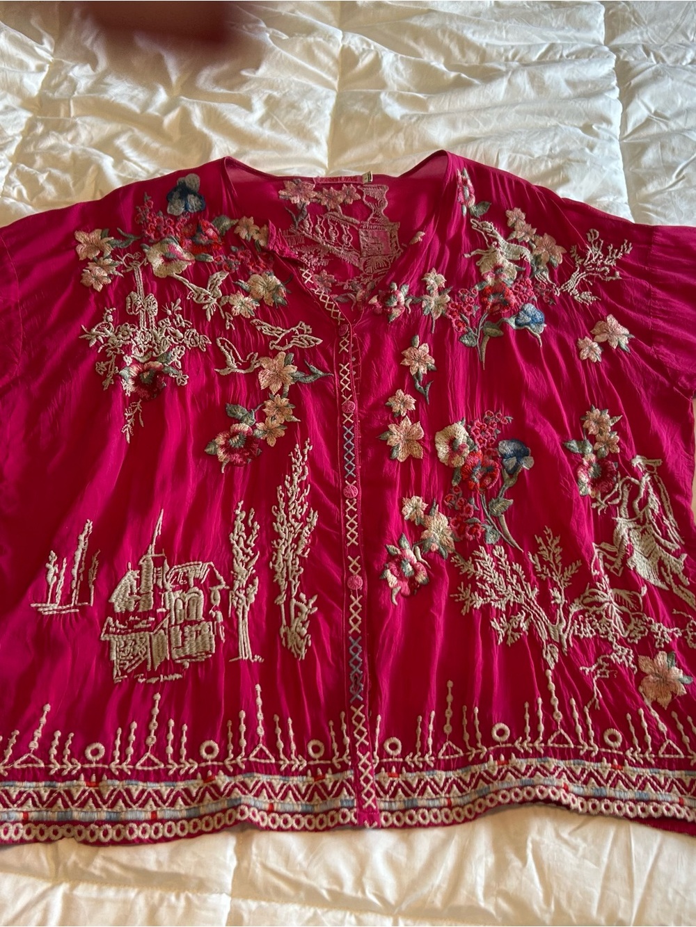 Johnny Was Hot Pink Floral Embroidered Peasant Tunic - Picture 2 of 3